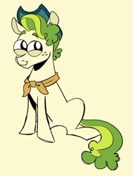 Size: 721x956 | Tagged: safe, artist:woollily, pistachio, earth pony, pony, g4, clothes, hat, male, scarf, simple background, solo, stallion, teenager, yellow background