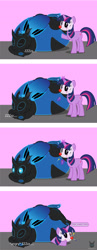 Size: 1966x5078 | Tagged: safe, artist:wheatley r.h., derpibooru exclusive, oc, oc only, oc:twi clown, oc:w. rhinestone eyes, changeling, honeypot changeling, pony, unicorn, g4, 4 panel comic, angry, bat wings, belly, belly bed, big belly, blue changeling, changeling oc, changeling overfeeding, clown makeup, comic, folded wings, horn, impossibly large belly, magic, needle, pink background, shocked eyes, simple background, sleeping, speech bubble, squashed, telekinesis, touching, unicorn oc, vector, watermark, wings