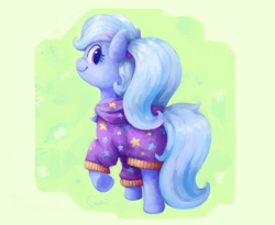 Size: 3660x3000 | Tagged: safe, artist:aemuhn, trixie, pony, unicorn, g4, alternate hairstyle, babysitter trixie, clothes, female, high res, hoodie, looking at you, looking back, looking back at you, mare, missing horn, smiling, solo