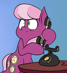 Size: 566x617 | Tagged: safe, artist:anontheanon, cheerilee, earth pony, semi-anthro, g4, angry, arm hooves, bipedal, blue background, cropped, expressive cutie mark, female, hoof hold, mare, phone, rotary phone, simple background, solo