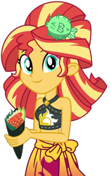 Size: 3800x6000 | Tagged: safe, artist:emeraldblast63, sunset shimmer, human, equestria girls, g4, bikini, clothes, female, food, looking at you, sarong, simple background, sleeveless, solo, sunset shimmer's beach shorts swimsuit, sunset sushi, sushi, swimsuit, transparent background, vector