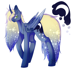 Size: 2000x2000 | Tagged: safe, artist:youmisama13, derpy hooves, princess luna, alicorn, pony, g4, curved horn, ethereal mane, female, fusion, fusion:derpy hooves, high res, horn, mare, raised hoof, simple background, small head, solo, starry mane, transparent background