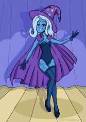 Size: 707x1000 | Tagged: safe, artist:sketchybird42, trixie, human, g4, cape, clothes, cutie mark on human, female, hat, high heels, horn, horned humanization, humanized, leotard, ponied up, pony coloring, shoes, smiling, solo, stage, stockings, thigh highs, trixie's cape, trixie's hat