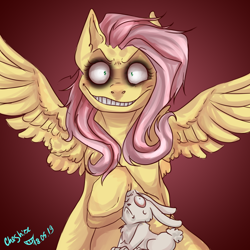 Size: 1080x1080 | Tagged: safe, artist:youmisama13, angel bunny, fluttershy, pegasus, pony, rabbit, .mov, shed.mov, g4, animal, bags under eyes, collaboration, colored hooves, duo, female, fluttershed, insanity, male, mare, scared, smiling, smirk, solo focus, spread wings, wings