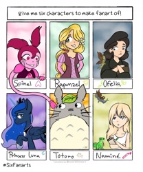 Size: 1080x1300 | Tagged: dead source, safe, artist:wittleowlart, princess luna, alicorn, chameleon, fairy, gem (race), human, pony, g4, spoiler:steven universe: the movie, arm behind back, clothes, crossover, disney, ethereal mane, female, flower, flower in hair, flying, gem, glowing horn, hair over one eye, hoof shoes, horn, jewelry, kingdom hearts, makeup, male, mare, namine, ofelia, pan's labyrinth, peytral, poking, rapunzel, running makeup, six fanarts, spinel, spinel (steven universe), spoilers for another series, starry mane, steven universe, steven universe: the movie, tangled (disney), tiara, totoro