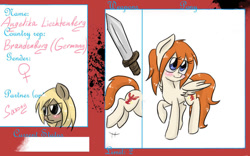 Size: 900x563 | Tagged: safe, artist:askponybrandenburg, pegasus, pony, blushing, brandenburg, bust, female, hetalia, mare, ponified, raised hoof, reference sheet, sword, weapon