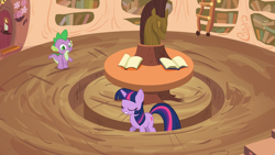 Size: 2000x1125 | Tagged: safe, screencap, spike, twilight sparkle, dragon, pony, unicorn, g4, it's about time, duo, female, golden oaks library, horsehead centerpiece, male, mare, pacing a trench, trench, unicorn twilight