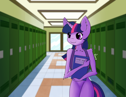Size: 3300x2550 | Tagged: safe, artist:radioactive nero, twilight sparkle, anthro, g4, backpack, book, featureless crotch, fluffy, high res, highschool, lockers, smiling