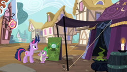 Size: 2000x1125 | Tagged: safe, screencap, spike, twilight sparkle, dragon, pony, unicorn, g4, it's about time, alternate hairstyle, candle, cauldron, duo, female, mare, ponyville, spread arms, tent, unicorn twilight