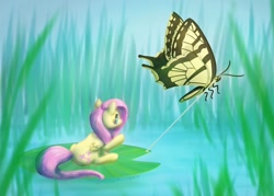 Size: 1024x733 | Tagged: safe, artist:rainspeak, fluttershy, butterfly, pegasus, pony, g4, atg 2020, female, folded wings, lilypad, mare, newbie artist training grounds, outdoors, pond, ponified, pulling, raised hoof, sitting, smol, solo, thumbelina, tiny, tiny ponies, wings