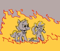 Size: 680x582 | Tagged: safe, artist:kyssimmee, megan williams, wind whistler, human, pegasus, g1, the magic coins, bow, bowtie, duo, female, fire, gray background, hair bow, mare, megan's fire, redraw, scene interpretation, simple background