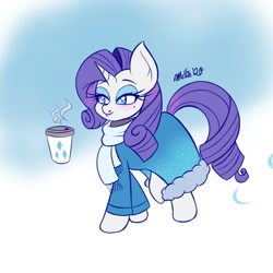 Size: 1800x1800 | Tagged: safe, artist:melliedraws, rarity, pony, unicorn, g4, clothes, coat, coffee, female, heart nostrils, newbie artist training grounds, scarf, solo, winter outfit
