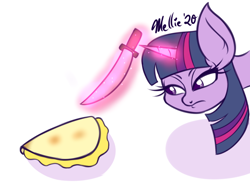Size: 800x600 | Tagged: safe, artist:melliedraws, twilight sparkle, alicorn, pony, g4, female, food, glowing horn, horn, knife, magic, magic aura, newbie artist training grounds, quesadilla, solo, they're just so cheesy, twilight sparkle (alicorn)
