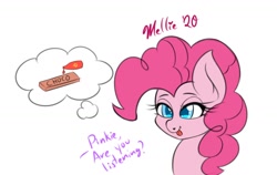 Size: 1500x950 | Tagged: safe, artist:melliedraws, pinkie pie, earth pony, pony, g4, chocolate, dialogue, female, food, heart nostrils, hot sauce, newbie artist training grounds, offscreen character, solo, thought bubble