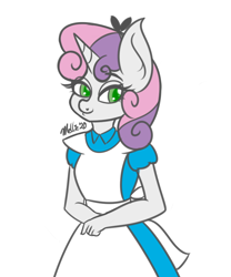 Size: 750x900 | Tagged: safe, artist:melliedraws, sweetie belle, unicorn, anthro, g4, alice, alice in wonderland, clothes, cosplay, costume, female, heart nostrils, newbie artist training grounds, simple background, solo, white background