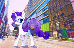 Size: 1000x644 | Tagged: safe, artist:stacy_165cut, rarity, pony, unicorn, g4, building, female, shopping bag, solo, street