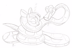 Size: 2812x1900 | Tagged: safe, artist:lol20, apple bloom, earth pony, pony, snake, g4, adorabloom, coils, cute, eyes closed, female, kaa, monochrome, onomatopoeia, simple background, sleeping, sound effects, traditional art, white background, wrapped up, zzz