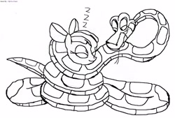 Size: 2812x1900 | Tagged: safe, alternate version, artist:fifilafume, artist:lol20, apple bloom, earth pony, pony, snake, g4, adorabloom, coils, cute, eyes closed, female, inked, kaa, monochrome, onomatopoeia, simple background, sleeping, sound effects, white background, wrapped up, zzz