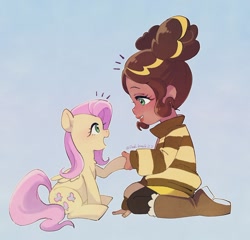 Size: 1200x1153 | Tagged: safe, artist:red_break_zz, fluttershy, human, pegasus, pony, g4, blue background, boots, bumblebee (dc comics), clothes, crossover, cute, dc superhero girls, female, human and pony, karen beecher, looking at each other, mare, shoes, shyabetes, simple background, sitting, sweater