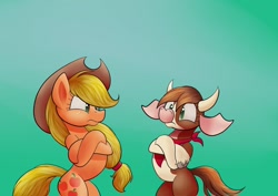 Size: 1280x904 | Tagged: safe, artist:huffy26, applejack, arizona (tfh), cow, earth pony, pony, them's fightin' herds, g4, atg 2020, bandana, cloven hooves, community related, cowboy hat, crossed hooves, duo, female, gradient background, hat, mare, newbie artist training grounds, pony arizona, square crossover