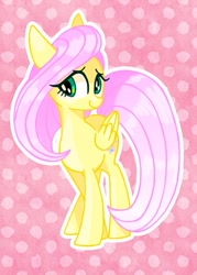 Size: 607x850 | Tagged: safe, artist:stacy_165cut, fluttershy, pegasus, pony, g4, abstract background, female, folded wings, looking at you, mare, smiling, solo, standing, turned head, wings