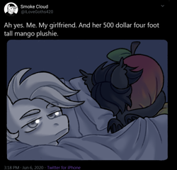 Size: 782x751 | Tagged: safe, artist:bi4ckb4t, oc, oc only, bat pony, pony, ah yes me my girlfriend and her x, bed, food, mango, plushie, sleeping, that batpony sure does love mangoes, unamused