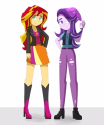 Size: 2500x3000 | Tagged: safe, artist:biocrine, starlight glimmer, sunset shimmer, equestria girls, equestria girls specials, g4, beanie, clothes, duo, duo female, female, hat, high res, legs, pants, ripped pants, skirt, smiling, torn clothes