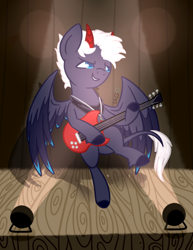 Size: 1024x1324 | Tagged: safe, artist:exagryph, oc, oc only, oc:silver bullet, pegasus, pony, guitar, horns, male, musical instrument, solo, stallion