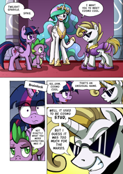 Size: 1204x1700 | Tagged: safe, artist:tarkron, princess celestia, spike, twilight sparkle, oc, oc:cosmo cool, alicorn, dragon, pony, unicorn, comic:the royal sandal, g4, comic, female, male, mare, speech bubble, stallion, twilight sparkle (alicorn)