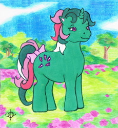 Size: 1578x1712 | Tagged: safe, artist:assertiveshypony, derpibooru exclusive, fizzy, pony, unicorn, g1, blue sky, bow, cute, female, fizzybetes, flower, grassfield, mare, smiling, solo, tail bow, traditional art, tree