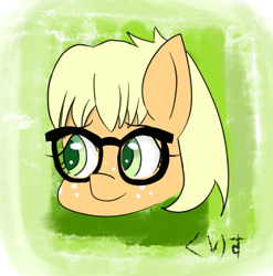 Size: 514x520 | Tagged: safe, artist:kurisunimii, applejack, g4, alternate universe, glasses, hiragana, icon, nerd, nerd pony, shy