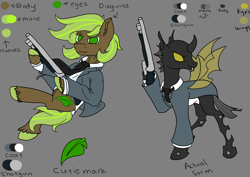 Size: 3508x2480 | Tagged: safe, artist:smol potat, oc, oc only, oc:hoofston, changeling, earth pony, pony, fallout equestria, brown coat, changeling oc, cheeselegs, clothes, cutie mark, disguise, disguised changeling, gangster, green eyes, green mane, gun, high res, male, mobster, reference sheet, shotgun, solo, spread wings, stallion, suit, two toned mane, weapon, wings, yellow changeling