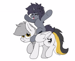 Size: 2928x2392 | Tagged: safe, artist:aaathebap, oc, oc only, oc:kate, oc:kej, pegasus, pony, unicorn, cute, duo, female, high res, k+k, male, oc x oc, riding, riding a pony, shipping, straight