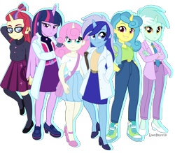 Size: 5951x5212 | Tagged: safe, artist:limedazzle, lemon hearts, lyra heartstrings, minuette, moondancer, twilight sparkle, twinkleshine, equestria girls, g4, absurd resolution, canterlot six, clothes, equestria girls-ified, group, high heels, horn, horned humanization, jacket, lab coat, necktie, pants, purse, shoes, show accurate, simple background, skirt, sweater, transparent background, wings
