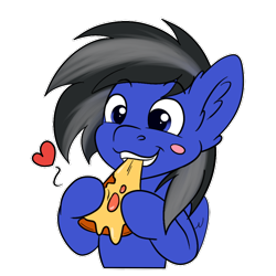 Size: 512x512 | Tagged: safe, artist:zobaloba, oc, oc only, oc:driftor, pegasus, pony, black mane, blue, blue coat, blue eyes, commission, eating, food, gray mane, male, meat, pegasus oc, pepperoni, pepperoni pizza, pizza, solo, stallion, sticker, teeth, transparent background, two toned mane, wings, ych result