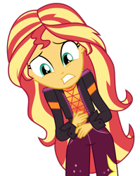 Size: 1207x1520 | Tagged: safe, artist:ponyalfonso, sunset shimmer, equestria girls, equestria girls series, g4, sunset's backstage pass!, spoiler:eqg series (season 2), clothes, cutie mark, cutie mark on clothes, female, jacket, pants, simple background, solo, teeth, transparent background, vector
