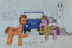 Size: 1083x720 | Tagged: safe, artist:rapidsnap, vera, pony, g4, crossover, dci vera stanhope, detective, land rover, lighthouse, parking ticket, traditional art