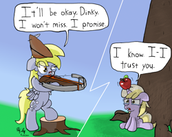 Size: 2000x1600 | Tagged: safe, artist:ebbysharp, derpy hooves, dinky hooves, pegasus, pony, unicorn, g4, apple, atg 2020, crossbow, duo, female, filly, food, mare, newbie artist training grounds, speech bubble, teary eyes, this will end in death, this will end in tears, this will end in tears and/or death, this will not end well, tree, tree stump, william tell