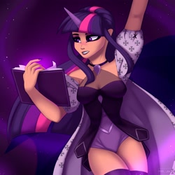 Size: 2000x2000 | Tagged: safe, artist:villjulie, twilight sparkle, human, g4, book, breasts, cleavage, female, high res, horn, horned humanization, humanized, jewelry, lipstick, nail, necklace
