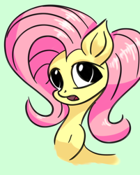 Size: 3508x4356 | Tagged: safe, artist:itchystomach, fluttershy, pony, g4, bust, digital art, female, looking at you, mare, no pupils, open mouth, simple background, solo, teal background, three quarter view