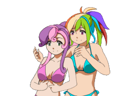 Size: 1024x768 | Tagged: safe, artist:rikeza, rainbow dash, sweetie belle, human, g4, age difference, animated, anime, bikini, breasts, clothes, commission, covering eyes, female, gif, guess who, humanized, kiss on the lips, kissing, lesbian, older, older sweetie belle, palindrome get, ponytail, ship:sweetiedash, shipping, side-tie bikini, simple background, swimsuit, transparent background, your character here