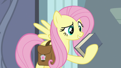 Size: 1920x1080 | Tagged: safe, screencap, fluttershy, pony, daring doubt, g4, bag, book, female, holding, saddle bag, solo