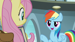 Size: 1920x1080 | Tagged: safe, screencap, fluttershy, rainbow dash, daring doubt, g4, bag, book, holding, hoof in air, saddle bag