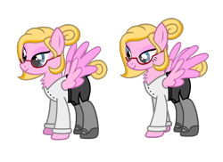 Size: 1291x939 | Tagged: safe, artist:shelikof launch, oc, oc only, oc:miss karen, pegasus, pony, business suit, businessmare, chest fluff, clothes, glasses, hair bun, secretary, show accurate, simple background, stockings, tail bun, thigh highs, transparent background