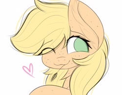 Size: 2560x1998 | Tagged: safe, artist:janelearts, applejack, earth pony, pony, g4, cute, ear freckles, female, floating heart, freckles, heart, jackabetes, mare, no pupils, one eye closed, simple background, sketch, solo, white background