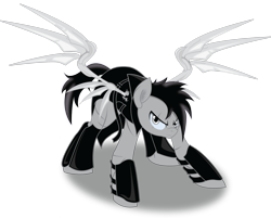 Size: 2732x2195 | Tagged: safe, artist:geekladd, oc, oc only, oc:gizmo, pony, fallout equestria, amputee, artificial wings, augmented, battle pose, high res, prosthetic limb, prosthetic wing, prosthetics, simple background, solo, transparent background, wings