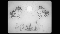 Size: 2000x1125 | Tagged: safe, screencap, pegasus, pony, g4, hurricane fluttershy, black and white cartoon, duo, flying, generic pony, gray background, plant, simple background, smiling, sun