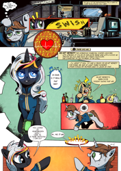 Size: 2480x3508 | Tagged: safe, artist:iiapiiiubbiu, oc, oc:littlepip, oc:littlepip's mother, oc:velvet remedy, pony, unicorn, fallout equestria, blushing, bottle, clothes, comic, comic cover, drunk, fanfic, fanfic art, female, grin, high res, hooves, horn, i can't believe it's not idw, jumpsuit, lesbian, mare, one eye closed, open mouth, pipbuck, screwdriver, smiling, stable (vault), stable 2, terminal, vault, vault suit