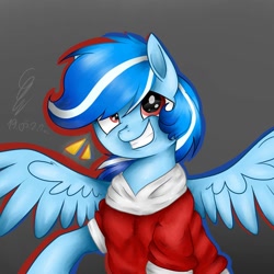 Size: 1080x1080 | Tagged: safe, artist:princessesmeraldaofficial, oc, oc only, oc:storm fly, pegasus, pony, bust, clothes, gray background, grin, pegasus oc, signature, simple background, smiling, solo, wings