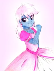 Size: 2278x3037 | Tagged: safe, artist:liaaqila, oc, oc only, oc:azure/sapphire, equestria girls, g4, clothes, crossdressing, dress, equestria girls-ified, femboy, high res, looking at you, male, pink dress, pink hair, smiling, solo, traditional art